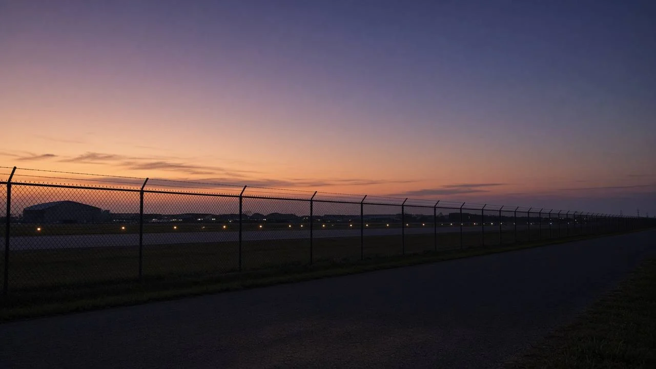 Airport perimeter fence beside a paved road, with airfield lights and buildings beneath an orange and purple sky.
