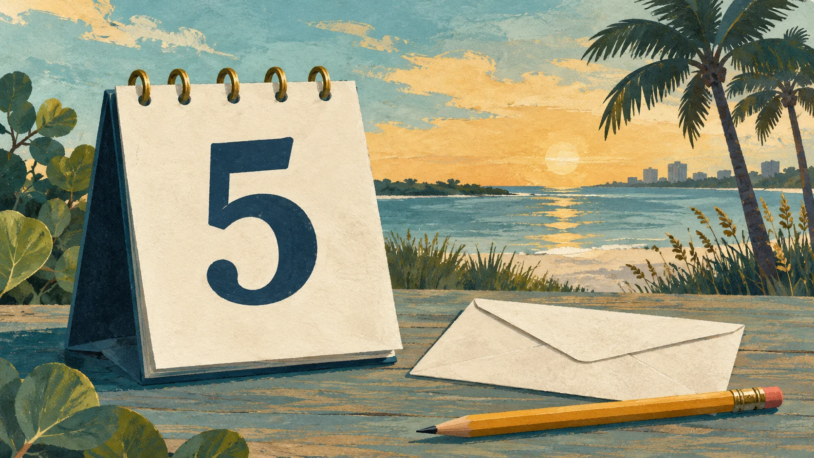 Illustration of a calendar marked 5, an envelope and a pencil beside a stylized coast.