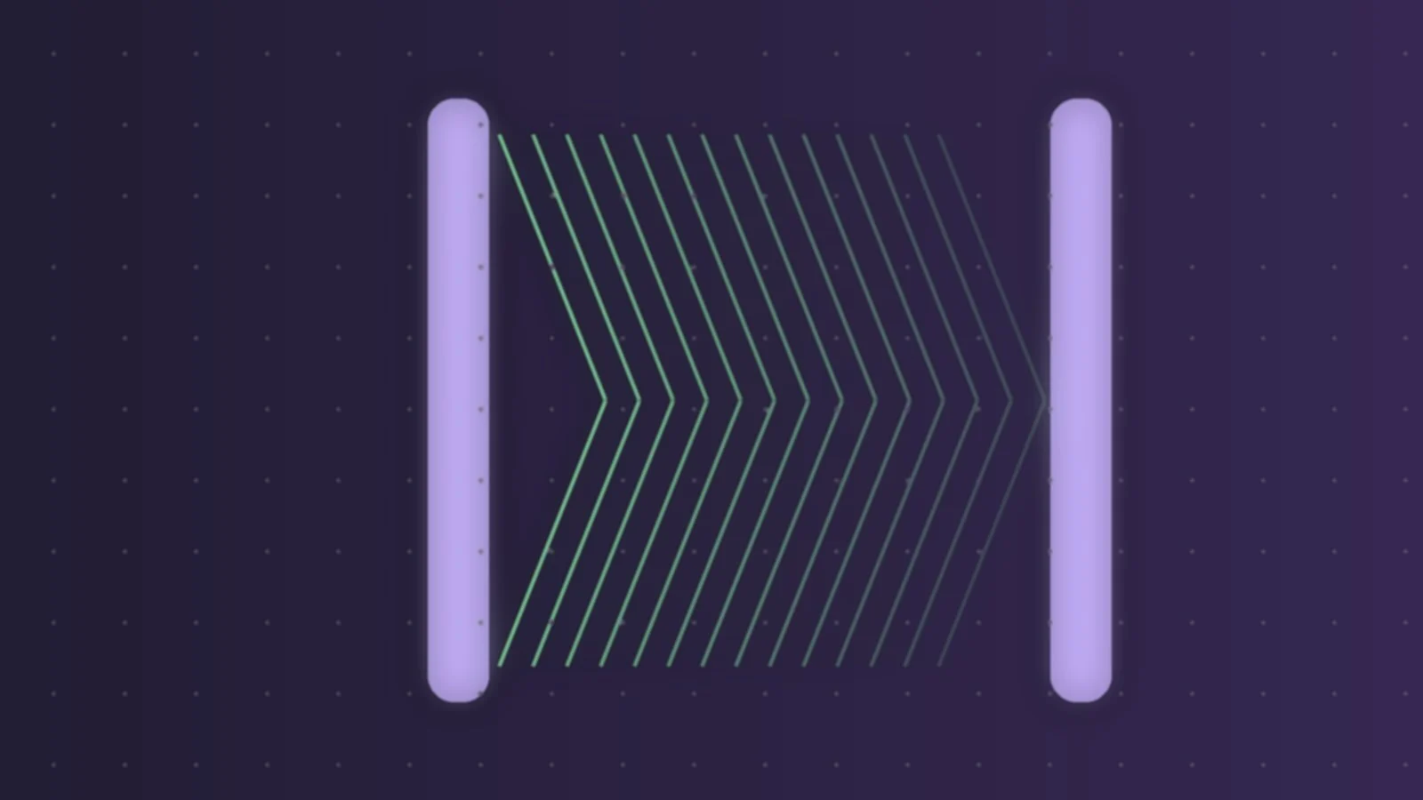 Abstract graphic of two glowing lavender pillars with green chevron lines between them on a dark purple background
