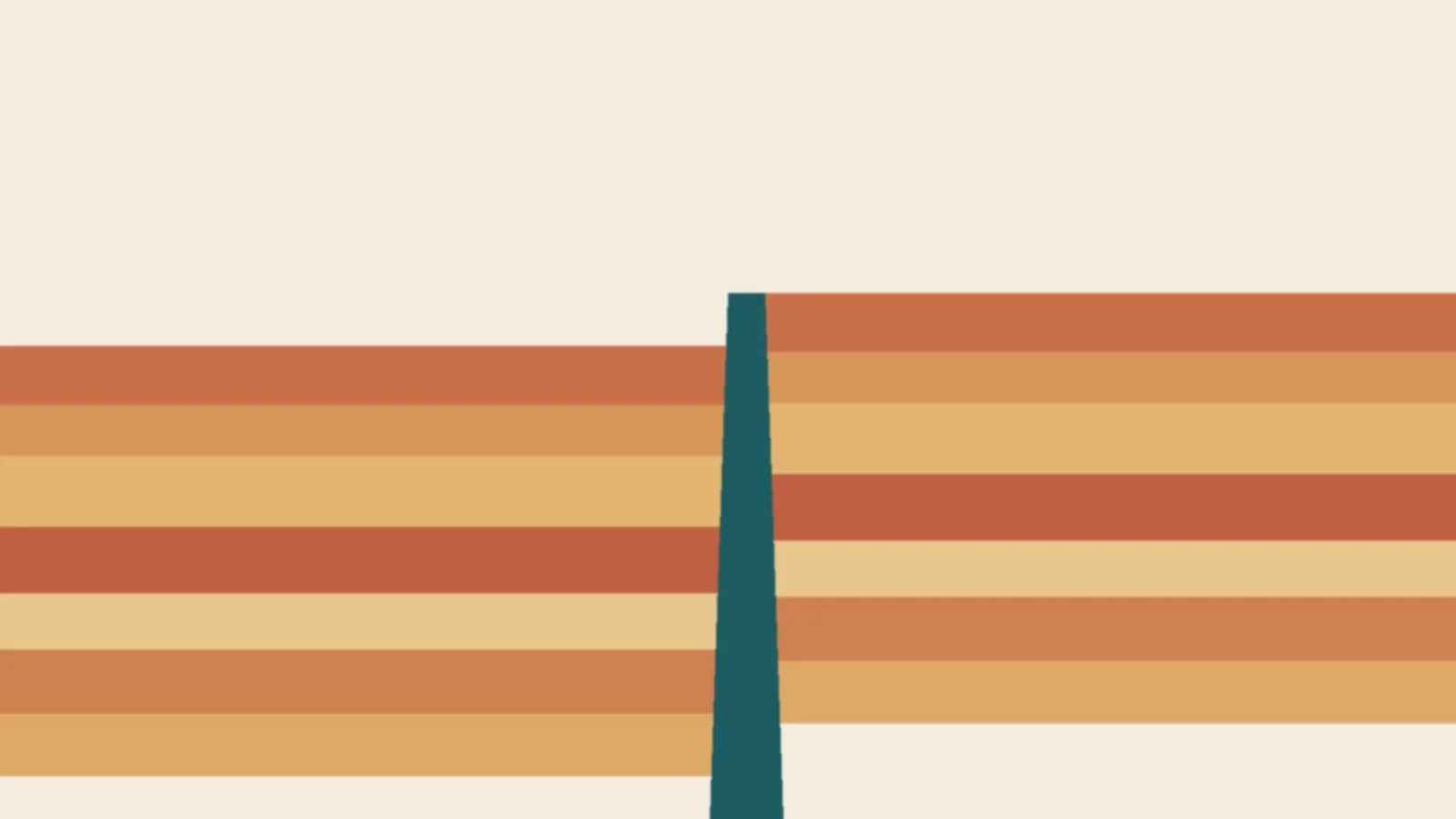 Abstract graphic of terracotta and ochre stripes in two offset blocks split by a teal wedge on a cream background