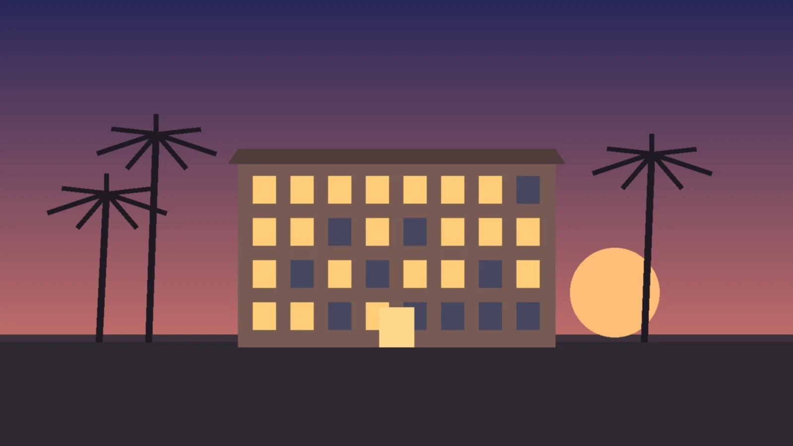 Flat illustration of a four-story apartment building with lit windows at dusk, with palm trees on either side and a setting sun