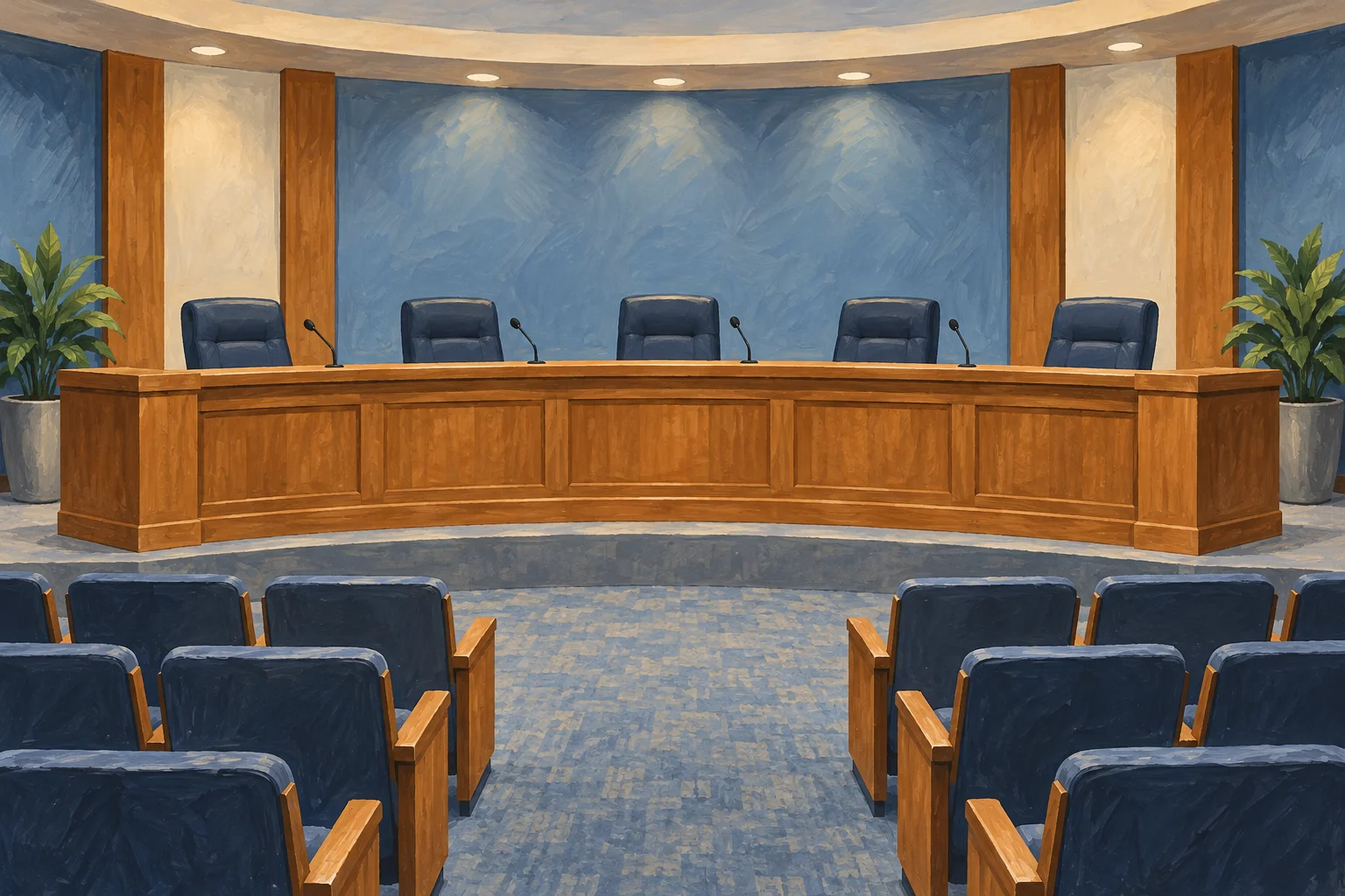 A painted illustration of five empty chairs and microphones behind a curved wooden dais, with empty public seats in front.
