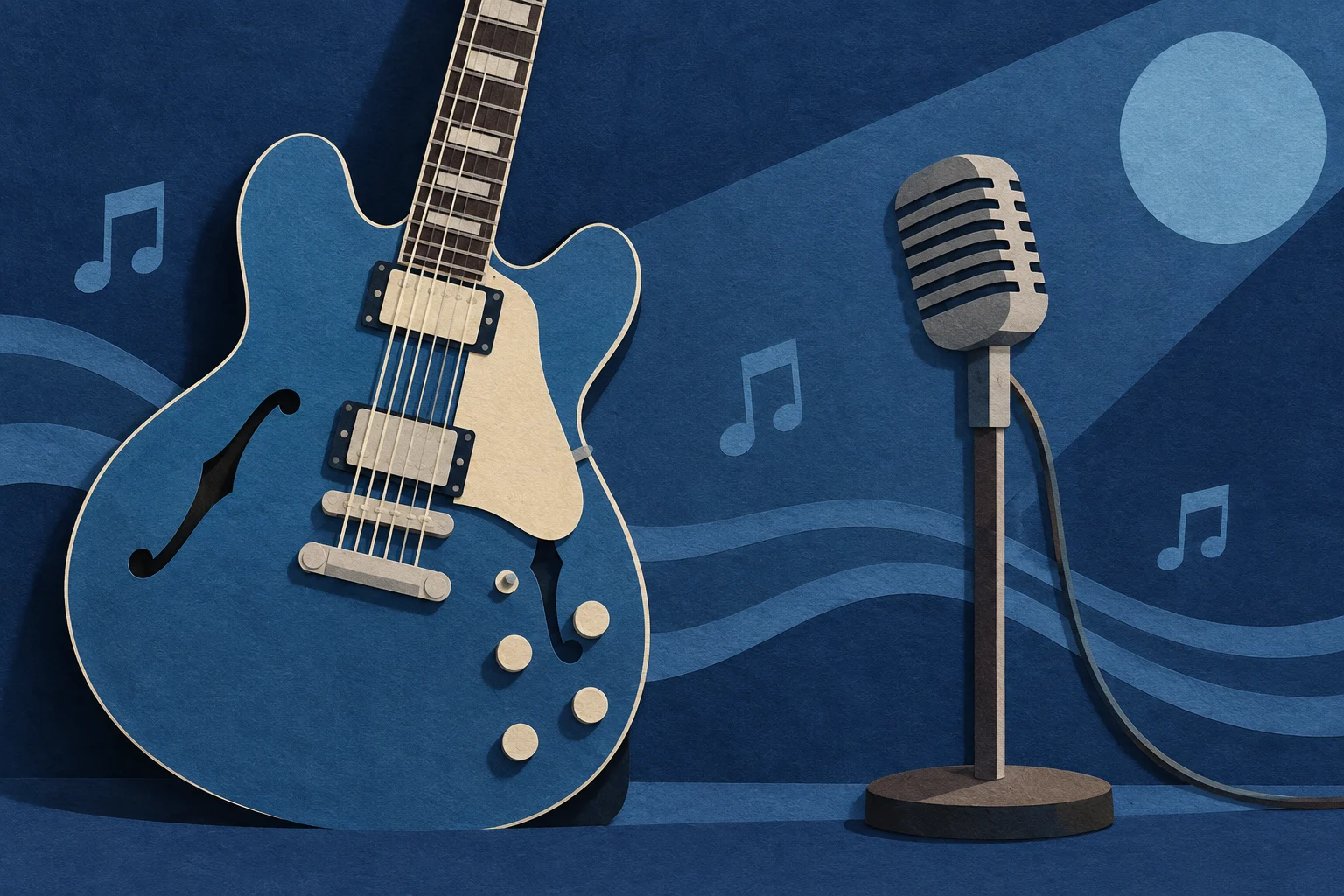 Paper-cut illustration of an electric guitar and a microphone against a blue background.