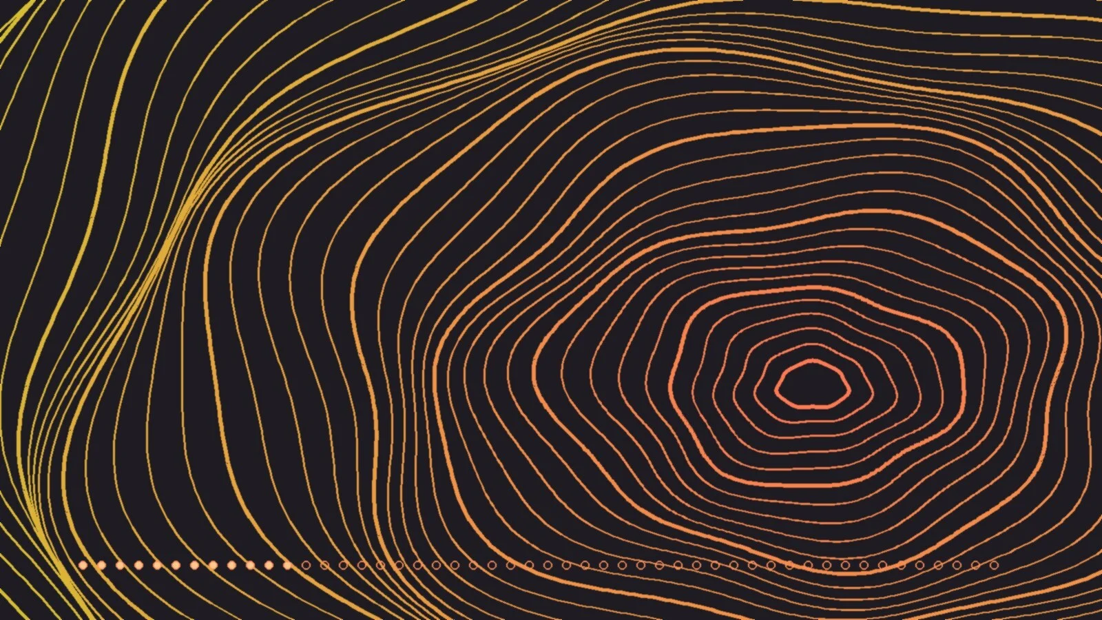 Abstract graphic of yellow-to-orange contour lines radiating outward on a dark background, with a row of small dots along the bottom