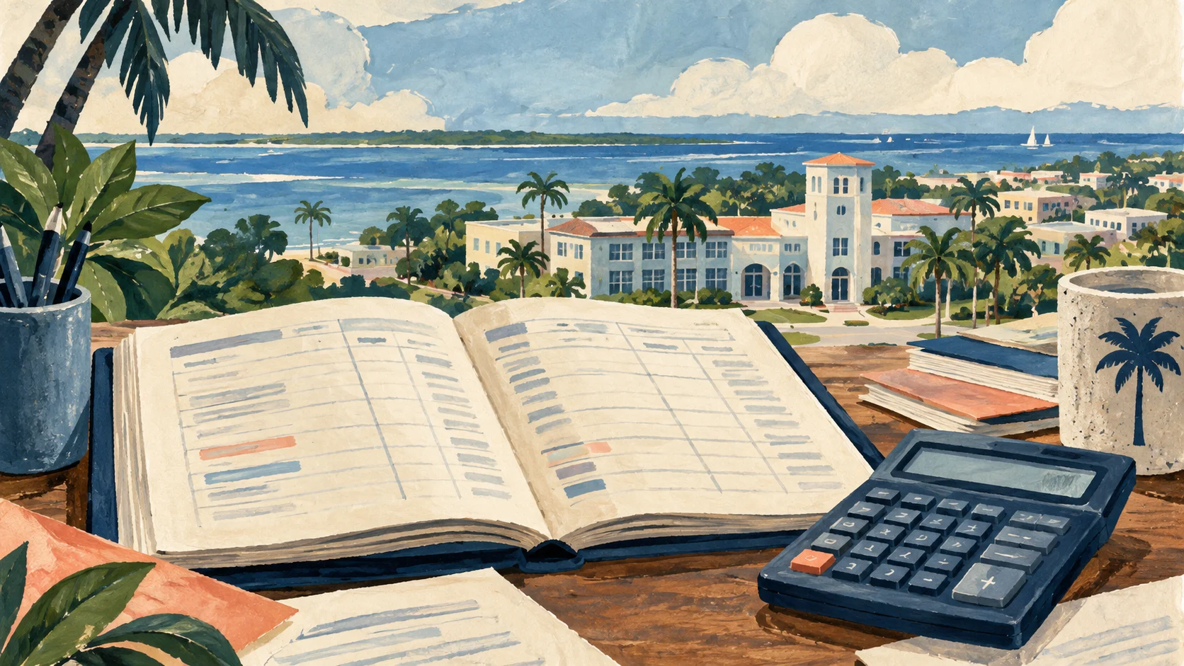 Illustration of an open ledger and calculator overlooking a stylized coastal community.