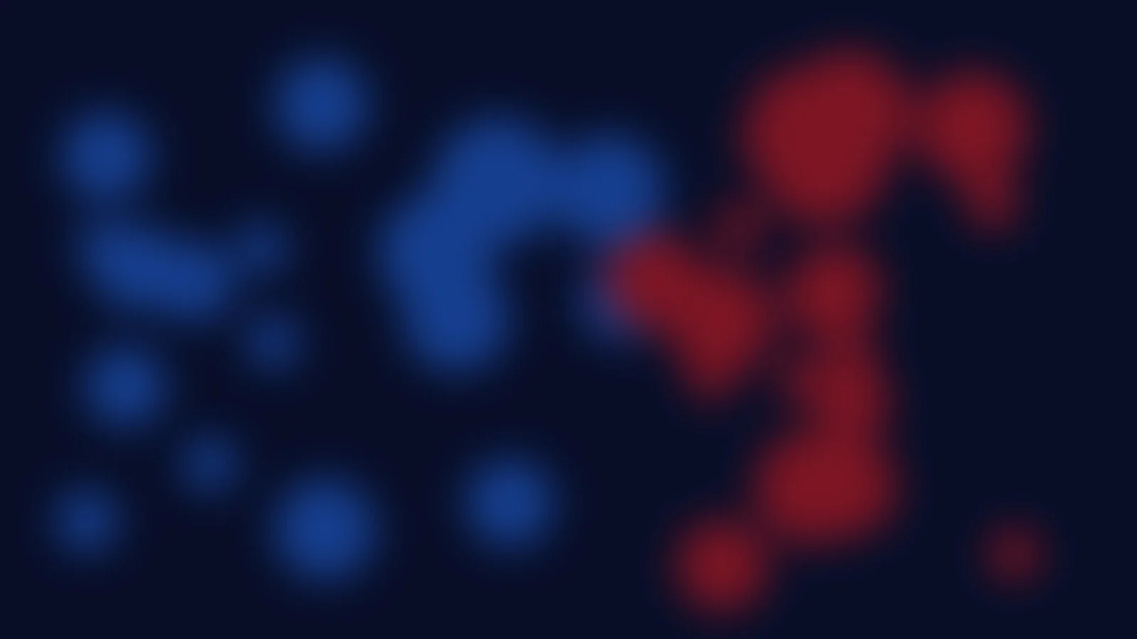 Abstract graphic of blurred red and blue light shapes on a dark navy background