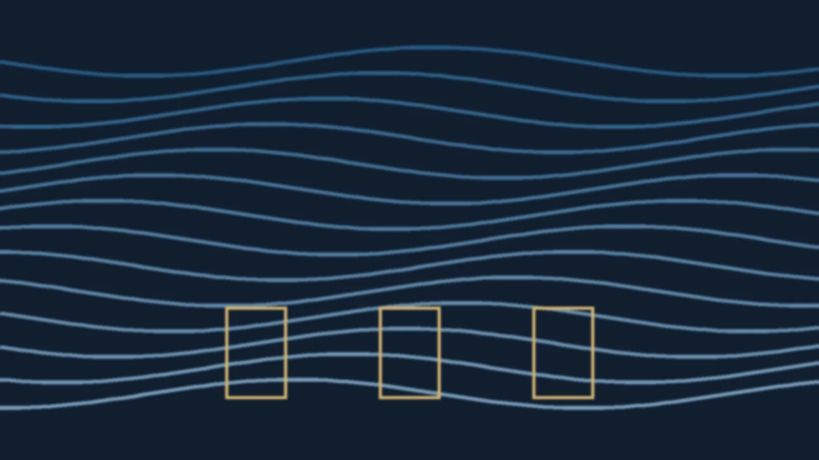 Abstract graphic of wavy blue lines on a navy background with three gold rectangle outlines
