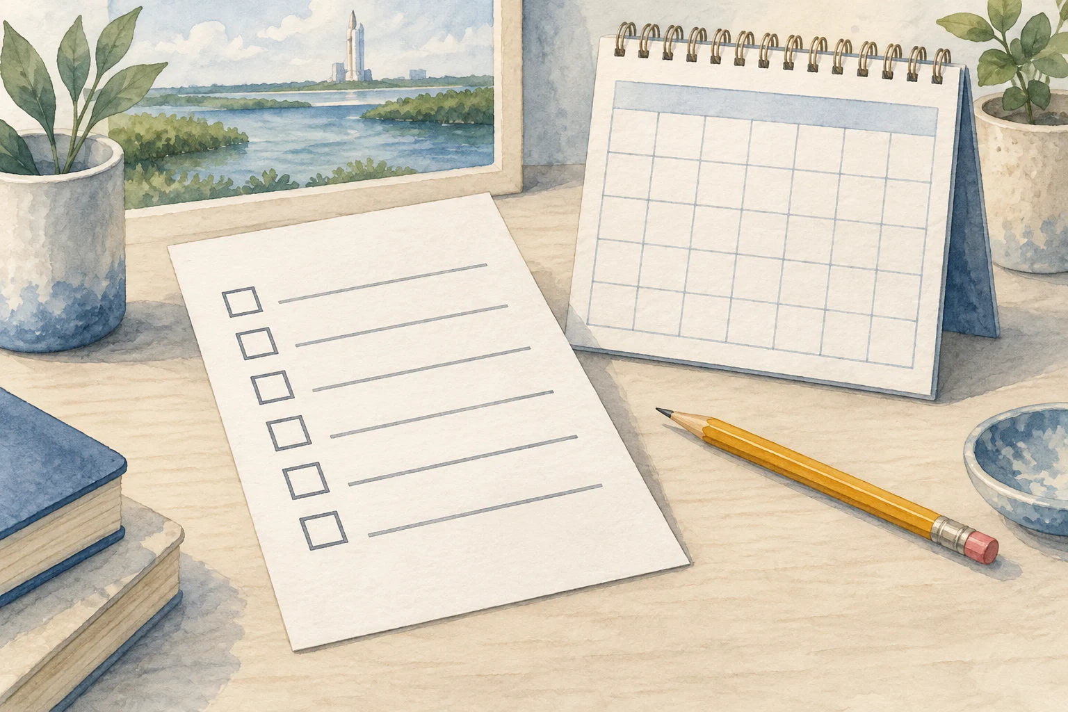 Watercolor illustration of a blank ballot-shaped sheet, an unnumbered desk calendar and a pencil.