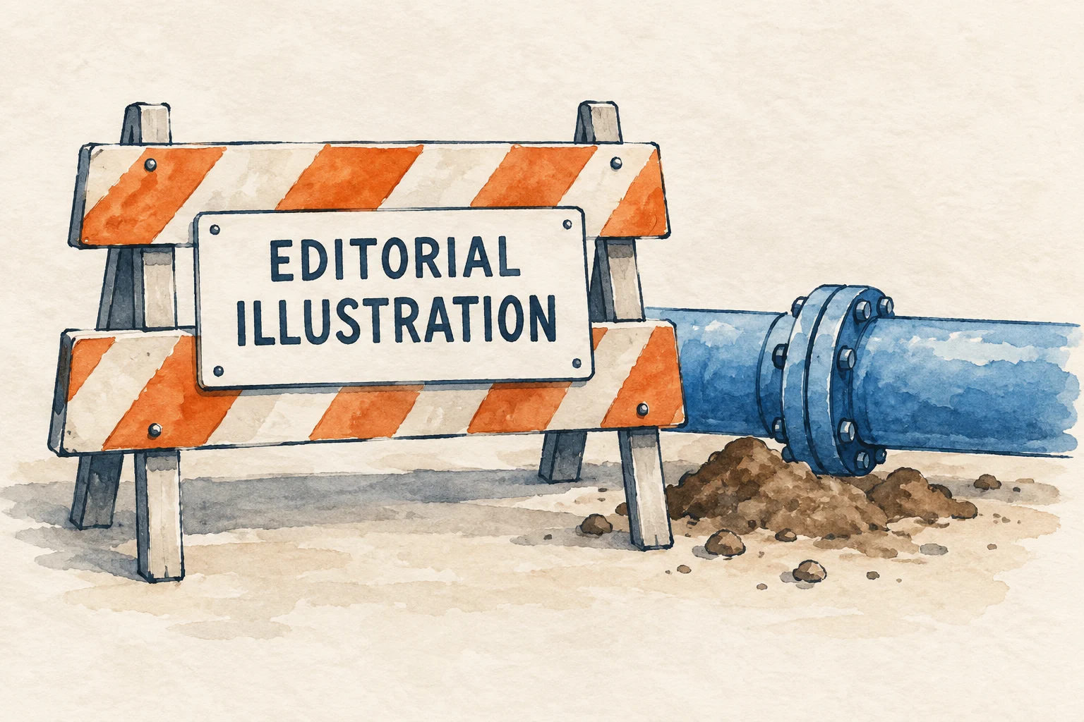 Watercolor illustration of an orange-and-white road barricade beside a blue pipe, with an Editorial Illustration label.