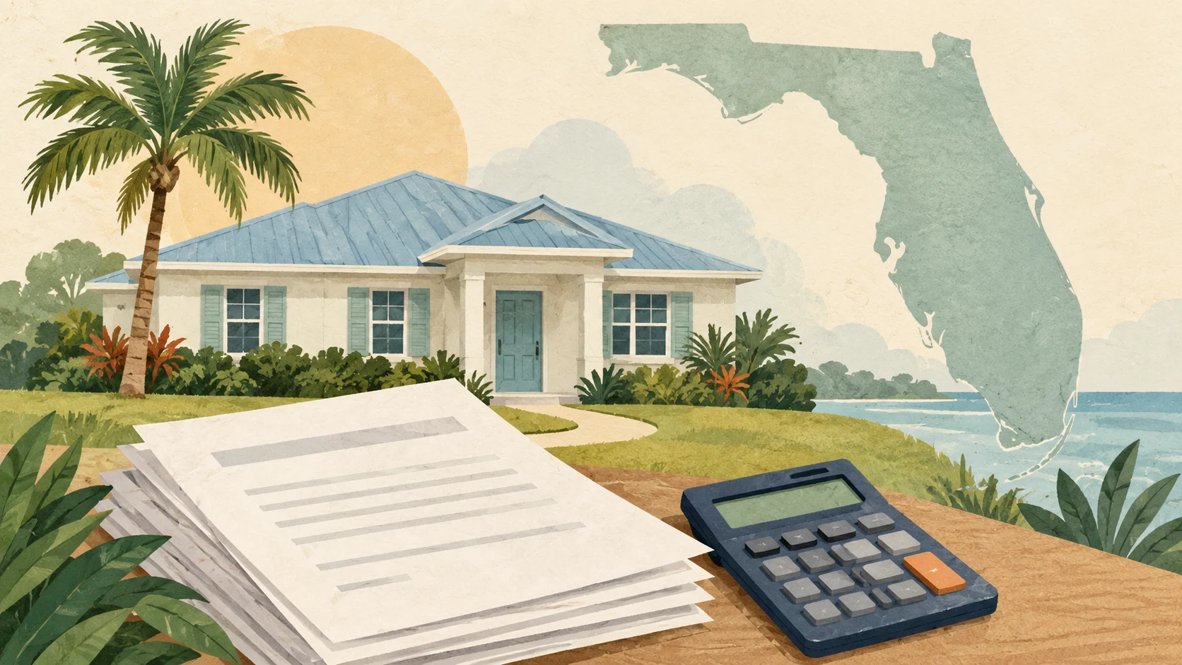 Illustration of a house, palm tree, papers and calculator beside a Florida silhouette.