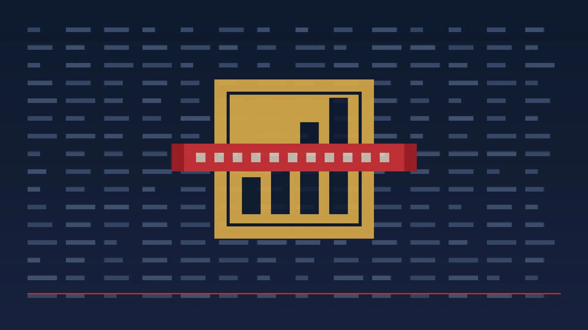 Abstract graphic of a gold slot-machine-like box crossed by a red band on a navy background of short dashes