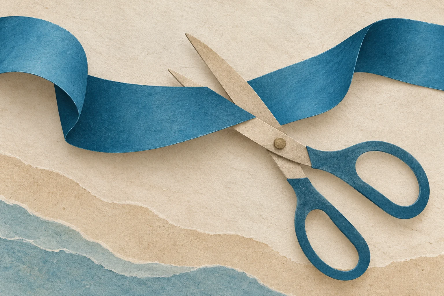 Paper-cut illustration of scissors crossing a blue ceremonial ribbon.