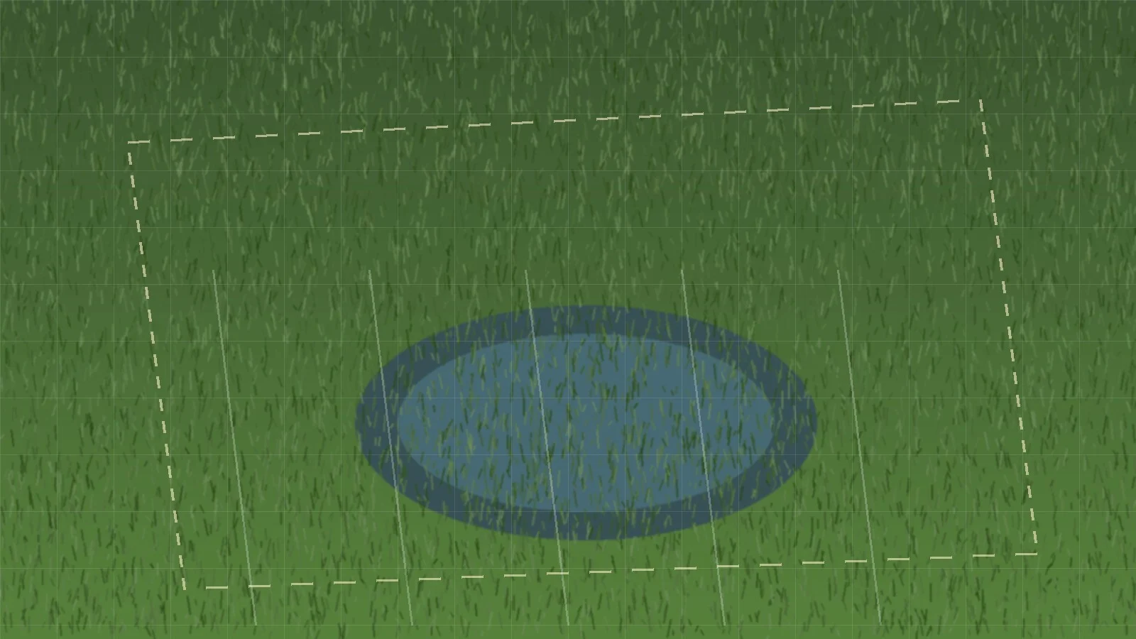 Stylized illustration of a green grass field with a dashed boundary outline and a small blue pond, shown from above