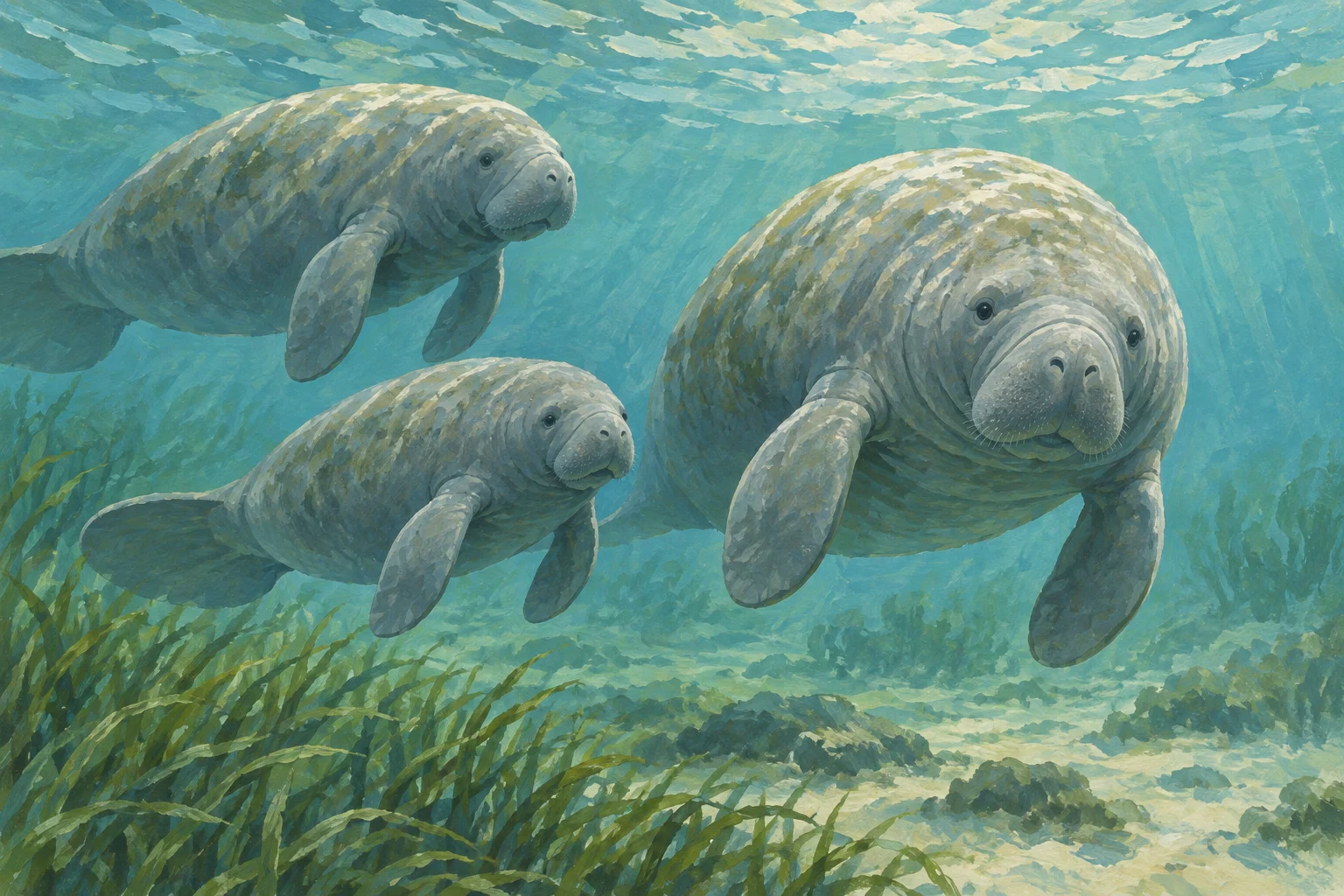 Painted illustration of three gray manatees swimming underwater in blue-green water.