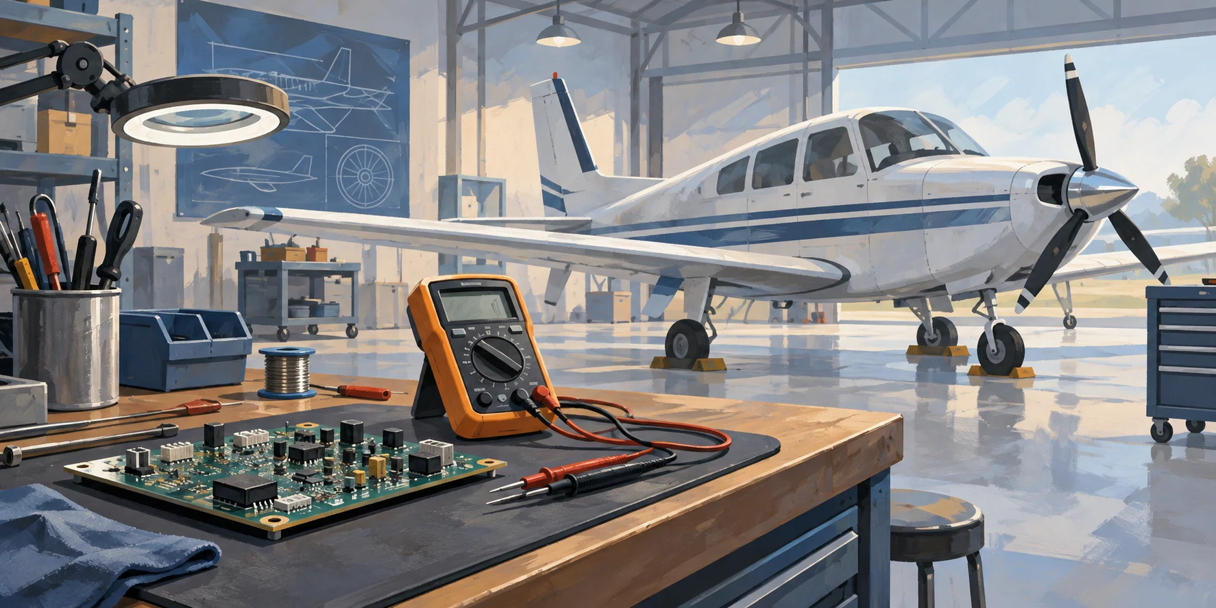 A painted illustration of a circuit board and meter on a workbench, with a propeller aircraft inside a hangar.