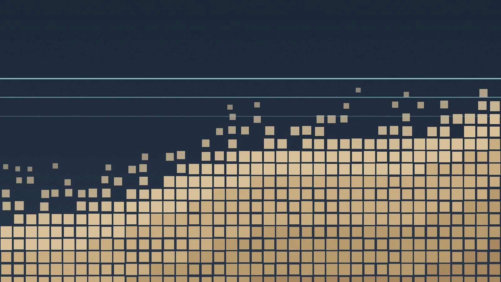Abstract illustration of tan square blocks stacking up from the bottom of a dark navy field, with a few blocks breaking loose, under thin horizontal pale-blue lines.