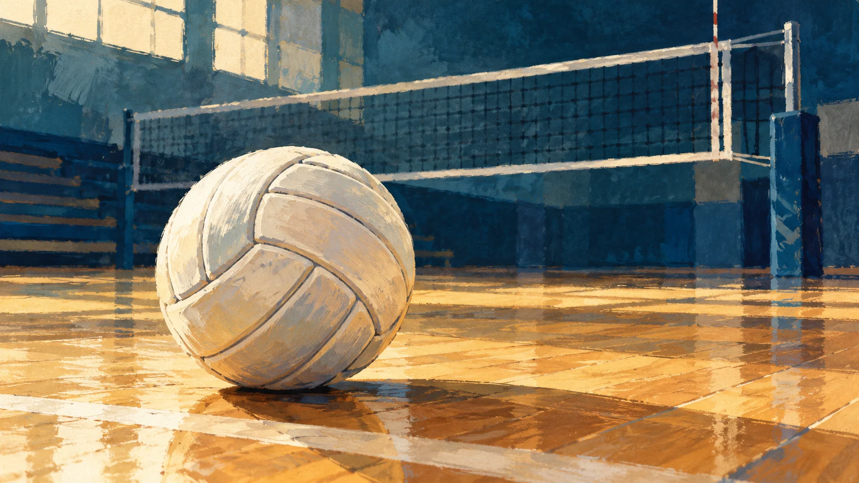 Illustration of a white volleyball on a wooden indoor court with a net behind it.