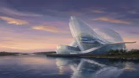 Concept rendering of a glass aquarium building on the lagoon at dusk